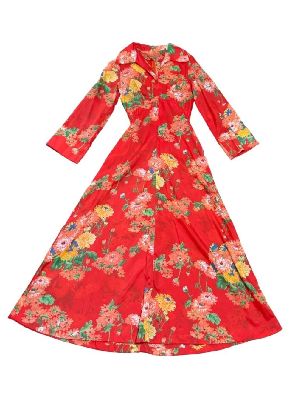 Vintage 1950s Fit and Flare Red Maxi Dress Sz 10 Collared Floral Handmade Womens